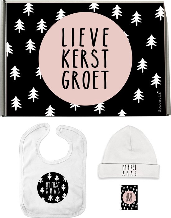kado pakket baby 'my first xmas' - slabbetje eerste kerst - mutsje eerste kerst - lieve kerstgroet - Sroetiz van Sroetiz