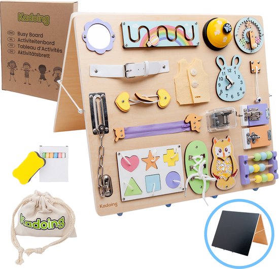 Kadoing Montessori Busy Board XL - Dubbel Staand Activiteitenbord met 18 Speelelementen en Krijtbord van Merkloos