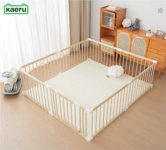 Kaëru® Houten Speelbox voor Baby’s – Babypark – Kruipbox – Grondbox Baby – Gemaakt van Nieuw-Zeelands grenen – Veilig en ruim speelgebied – 180x180x61 cm – Met witte verbindingsstukken – Perfect om te kruipen en te spelen