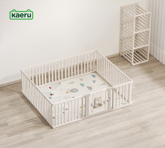 Kaëru® Kinder Speelbox – Verstelbaar tot Opbergrek – 186x156 cm – Met Schrijfbord – Grondbox Baby – Kinderbox – Playpen Baby – Inclusief Speelmat, Aquarelstiften, Bordwisser & Opbergrek Clips – Stevig en Kantelbestendig – Ivoorwit van Kaëru®