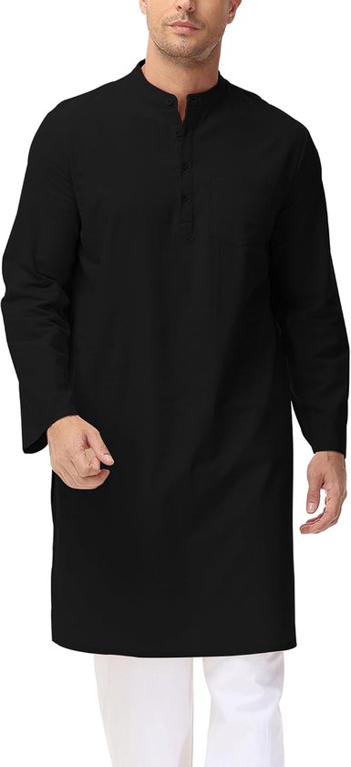 Kaftan voor heren, moslim gewaad, halslijn, lange mouwen, kaftan, knoop, hoog Thobe, M-3XL