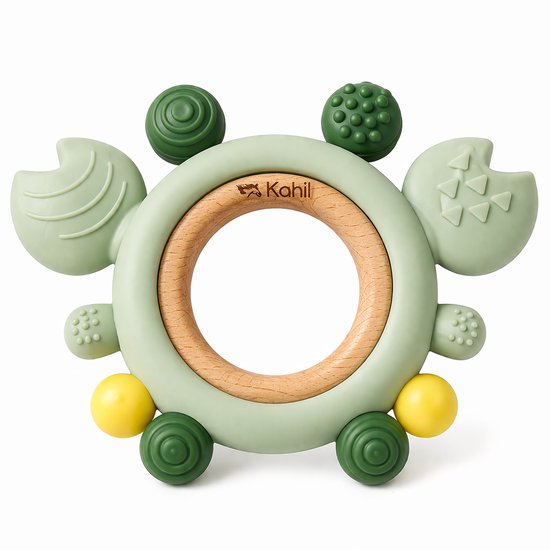 Kahil - Baby Bijtring - met Houten Ring - Siliconen Bijtspeeltje Groen - voor Babys van Merkloos