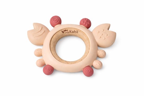 Kahil - Bijtring Dino - Baby Siliconen en Hout - Sensorisch Babyspeelgoed - Roze Beige