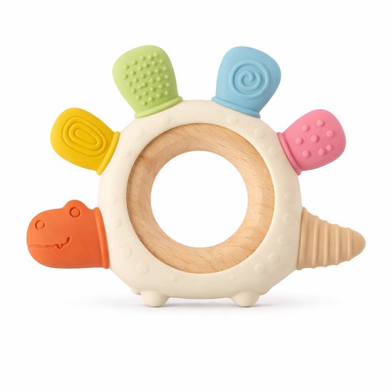 Kahil - Bijtring - Dino Hout - Verzachtend bij Tandjespijn – 100% Siliconen Bijtring – BPA-vrij & Veilig Bijtspeelgoed Baby van Kahil