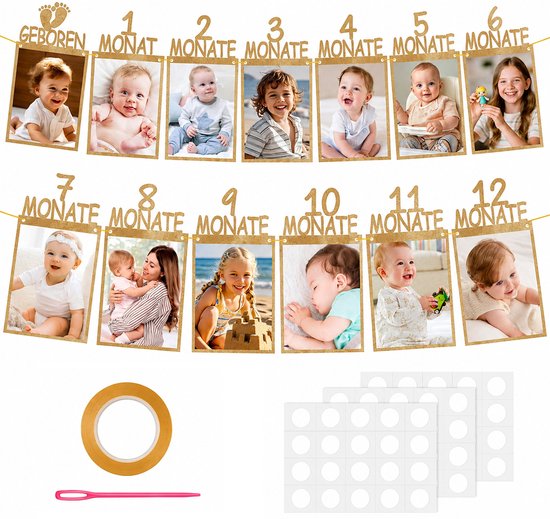 Kaiyaya - Fotoslinger set 13 stuks - Foto's ophangen, herinneringen bewaren - Karton fotolijst - Baby, Eerste verjaardag - Eerste verjaardag decoratie, baby feestdecoratie - Bruin, 13 fotokaarten