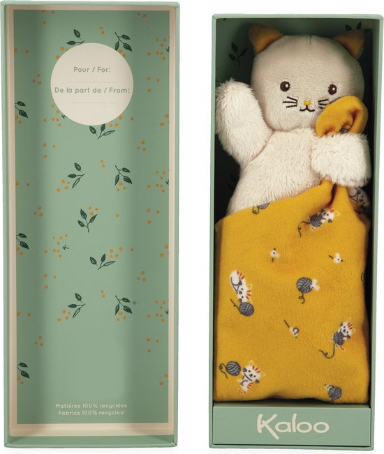 Kaloo Carre Douceur - Knuffeldoekje Kat Geel - Pluche Kat Met Vierkant Dekbedje - Bestaat Voor 95% Uit Gerecycled Materiaal - In Een Mooie Geschenkdoos van Kaloo