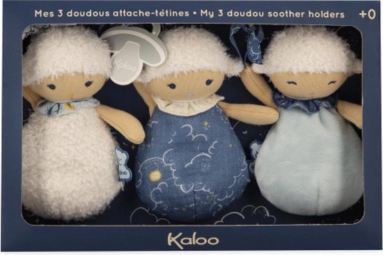 Kaloo Doux Sommeil - 3 Schaapjes Doudou Knuffeldoekjes - Drie Schapen Fopspeenhouders Met Elk Hun Eigen Bijzonderheid En Kleur, Zodat Baby Het Als Knuffel Kan Gebruiken Maar Ook Kan De Fopspeen Bevestigd Worden Aan Het Fijne Lint van Kaloo