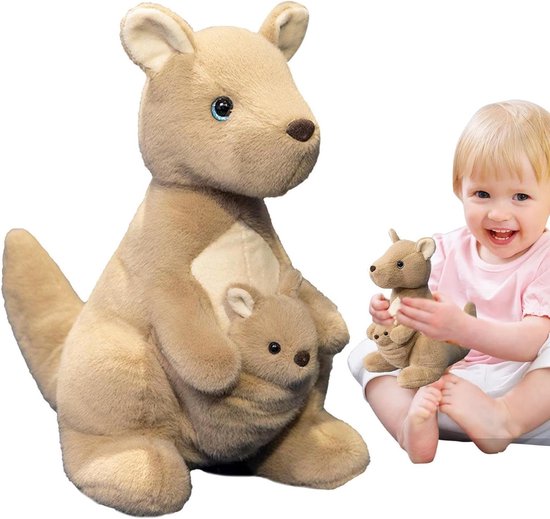 Kangoeroe Knuffel - Mama Dier Speelgoed - Kinderen Spelen - Met Baby's - 9 Inch - Bruin