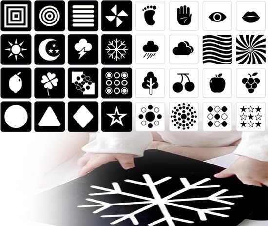 KAPSING Baby Contrastkaarten, speelgoed voor baby 0 3 6 maanden, visuele stimulerende kaarten, pasgeborenen hoog contrast visuele kaarten, 18 stuks 36 pagina's contrastkaarten leerkaarten (zwart en van KAPSING