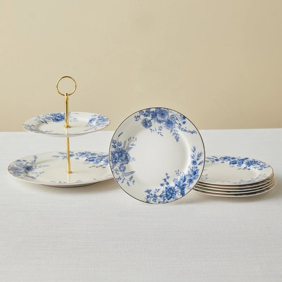 Karaca Delft - New Bone Serveerset - 8-delig - 6 Personen - Etagère & Dessertborden - Blauw