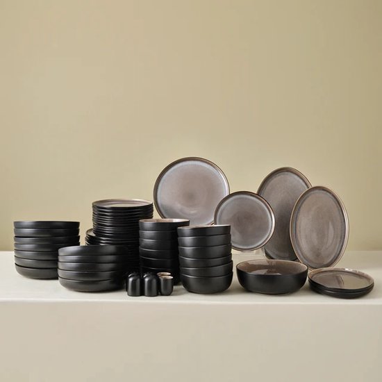 Karaca Earth Collection Galactic Serviesset 59-Delig – 12 Personen – Reactive Glaze – Stoneware – Vaatwasser & Magnetronbestendig – Zwart/Wit