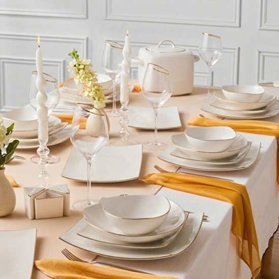 Karaca Square Bone Lucia - Serviesset - 60-delig - 12 Personen - Vierkant Bone China Servies - Luxe Dinerset