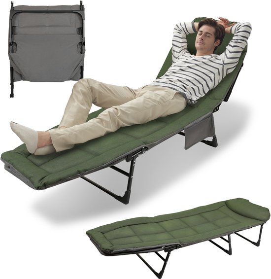 Karperstoel - Campingbed - 150KG Draagkracht - Veldbed - Opvouwbaar - Reisbed - Stalen buis - donkergroen - 195x65x32cm