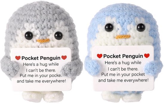 KARZO - 2 stuks pinguïn-knuffels, 6,5 cm, grappig gebreid pinguïnspeelgoed met bemoedigingskaart, schattige, positieve pinguïnpop voor vrienden en familie, verjaardagscadeaudecoratie (grijs, blauw) van Merkloos