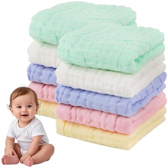 Katoenen doeken set voor baby en kind - 10 stuks, 25 x 25 cm, zachte mousseline van Merkloos