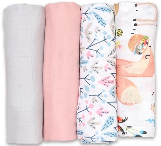 Katoenen Mousseline Doeken 4-Pack | Hydrofiele Luiers voor Baby's | Ideaal voor Kinderen | Veelzijdige Babydoeken | Grijs, Roze, Dieren en Cactus