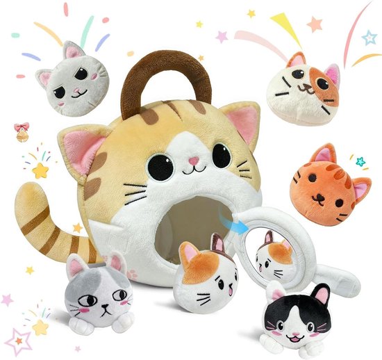 Kattenknuffel Set - Pluche Kittens - Zintuiglijk Spel - Inclusief Opberghuisje - 6 Stuks - Wit