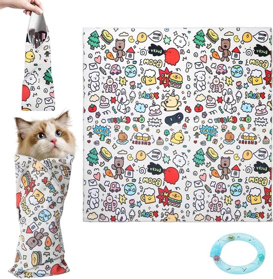 Kattenwikkeldoek Groot 55 x 55 cm met Kat Speelgoed Donut Blauw, Verzorgingsdoek voor Nagels Knippen, Vachtverzorging, Reiniging en Hulp bij Medicatie