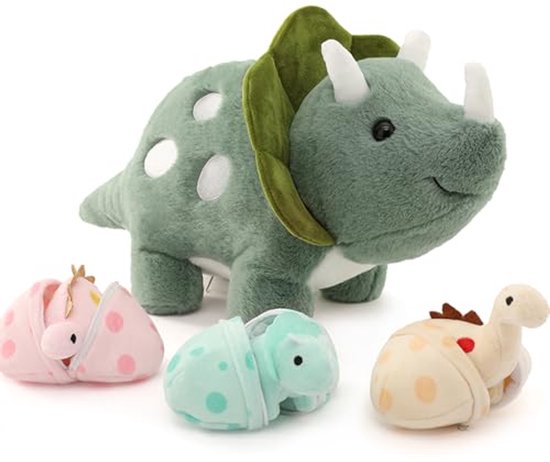 Kawaii Triceratops Pluche Dinosaurus met 3 Baby Dinosaurus, 45 cm, Schattig Zacht Speelgoed voor Kinderen, Perfect als Verjaardagscadeau