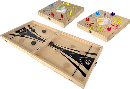 Keezenspel en Slingpuck XXL - Hout - Deluxe - Dubbelzijdig - Opklapbaar - 2 tot 6 Spelers - Tabletop Speed Shuffle 60x30 cm - Houten Keezen Bordspel 30x30 cm van Nabino