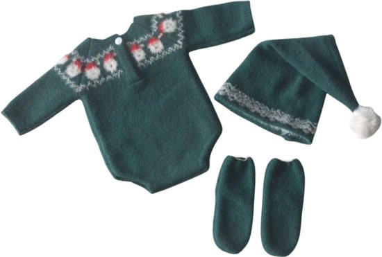 Kerst Baby Kleding Set 3 Stuks voor 0-2 Maanden - Groen Santa Claus Kostuum met Gebreide Romper, Kousen en Hoed voor Jongen en Meisje - Perfect voor Kerstfotografie, Baby First Christmas, Baby Outfit, Feestkleding van Kimme Design.