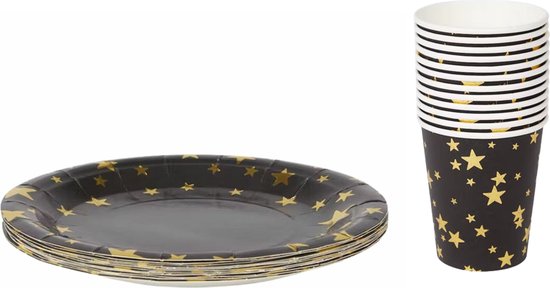 Kerst en Oud en Nieuw bordjes met sterren - Zwart / Goud - Karton - 18 cm - Taart - Feest - Gebak - Oliebol van Folat