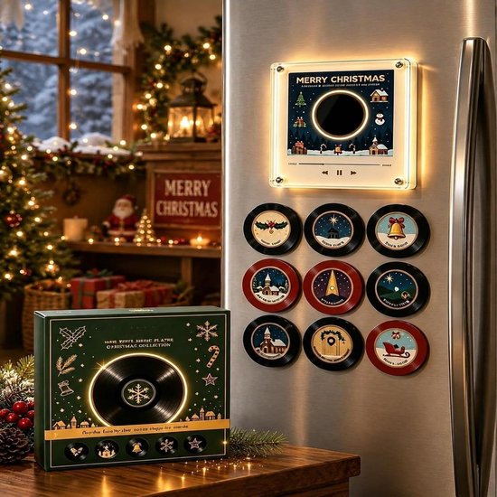 Kerst Muziek Magneten Voor Koelkast - Met 9 NFC Mini Vinylplaten - Feestelijke Kerstdecoratie - USB-C Oplaadbaar - Afspeelmogelijkheid Zonder Telefoon