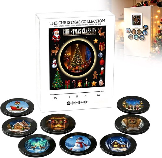 Kerst Muziek Magneten Voor Koelkast - Met LED-licht & 9 NFC Mini Vinylplaten - Muziekdoos Kit - USB-Oplaadbaar - Complete NFC-discspeler voor vinylliefhebbers - herbruikbaar decor voor kerstdecoraties, keuken en feest - Kersteditie 03