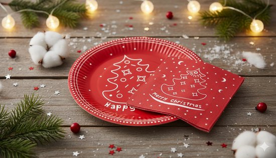 kerst servies set met tekst ''Happy holidays'' - Rood / Wit - Karton - Borden en Servetten - Wegwerp - Verjaardag - Kerstmis - Feestje - Party van Merkloos