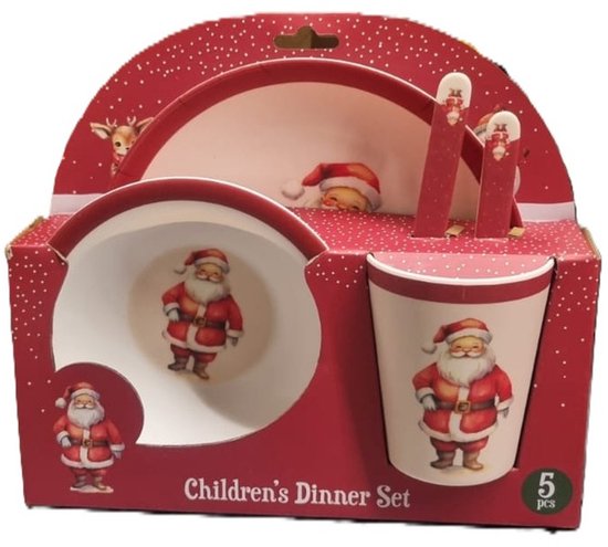 Kerst servies setje - 5-delig - met kerstman - voor kinderen - ontbijtset - kerstdiner - bordje, beker, kom, mes, vork van Miko