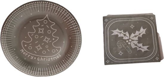 Kerst set van 6 x feest borden + 1 pak servetten - 'Merry Christmas' Grijs / Wit - Karton - Borden / Servetten - Verjaardag - Party  - Feestservies van Folat