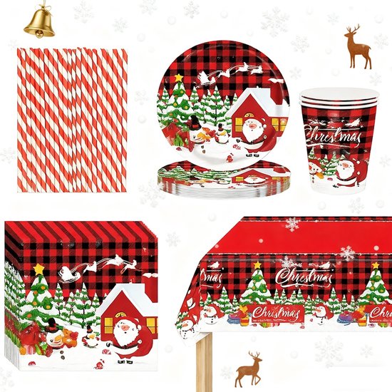 Kerst Tafeldecoratie Set – feestserviesset - Kerst Serviesset - 24 stuks ( bekers, rietjes, borden (ø 18 cm), servetten )& 1 tafelkleed (137x274 cm) – Feestelijke kersttafel versiering van Merkloos