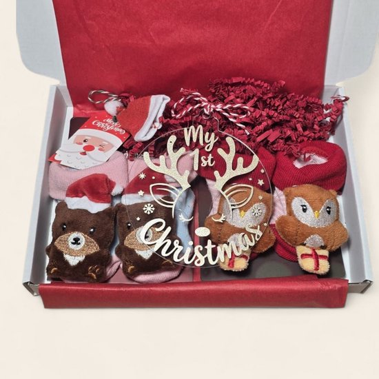 Kerstcadeau voor Baby – My First Christmas plexiglas kerstbal - 2 paar 3D kerstsokjes - uil en beertje van Vipopy