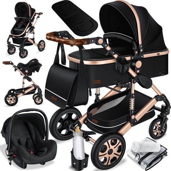 KESSER® Kinderwagen 3 in 1 Loops Wandelwagen Set incl. Autostoel & Reiswieg & Buggy Sportzitje - Massieve Rubberbanden - Luiertas / Regenhoes - Zwart / Champagne van KESSER