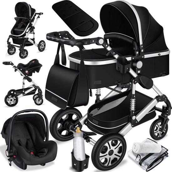 KESSER® Kinderwagen 3 in 1 Loops Wandelwagen Set incl. Autostoel & Reiswieg & Buggy Sportzitje - Massieve Rubberbanden - Luiertas / Regenhoes - Zwart / Zilver van Merkloos