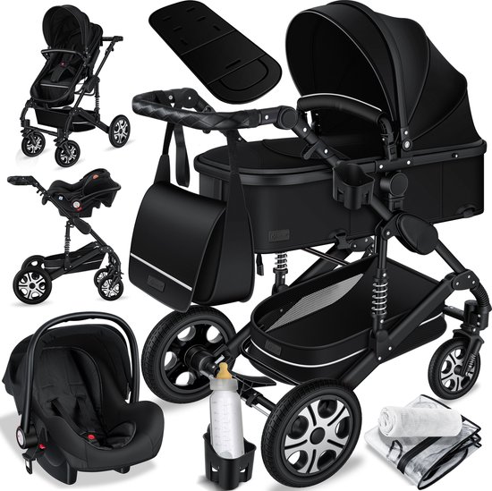 KESSER® Kinderwagen 3 in 1 Loops Wandelwagen Set incl. Autostoel & Reiswieg & Buggy Sportzitje - Massieve Rubberbanden - Luiertas / Regenhoes - Zwart van KESSER®