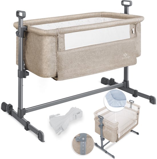 KESSER® Ledikant / Co-Sleeper / Babybed / Co Sleeper Wieg Hubi 3in1 Reisbed Babybed met zachte matras, met wielen, 5-voudig in hoogte verstelbaar, inklapbare zijwand voor thuis en onderweg - Beige van Merkloos