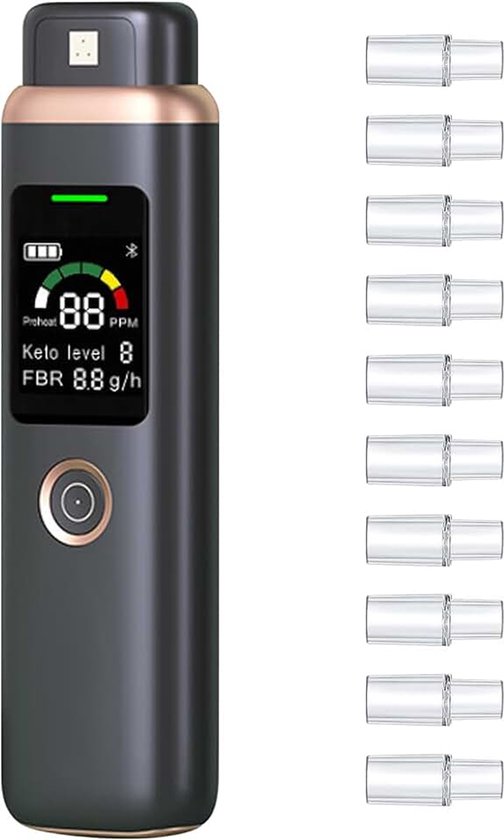 Keton Ademmeter Professioneel, Hoge Nauwkeurigheid Adem Keton Analyzer Draagbaar, Ketosis Tester met 10 Herbruikbare Mondstukken voor Keto Dieet & Fitness Tracking