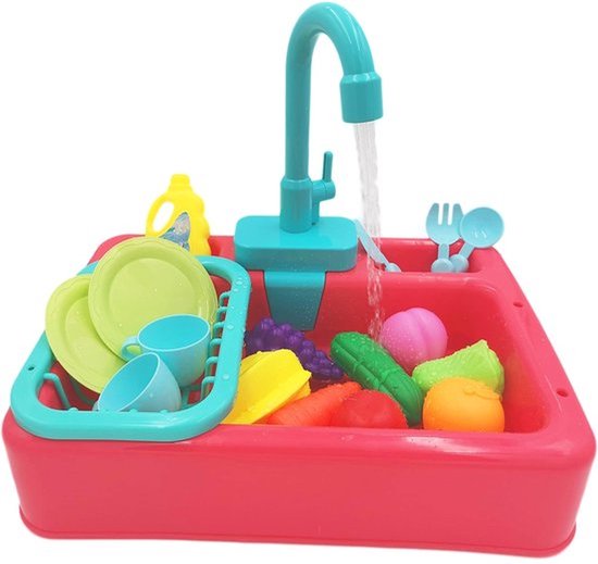 Keukenset voor kinderen - Speelgoedkeuken met stromend water - Educatief cadeau - Simulatie afwasmachine met kraan en afvoer (roze) van Merkloos