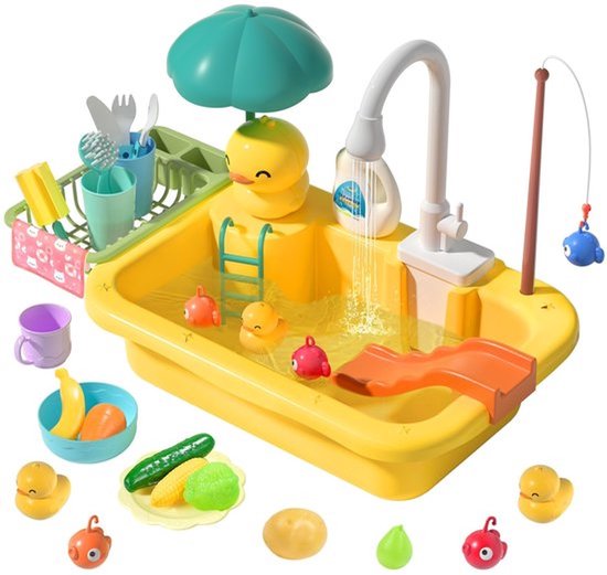 Keukenspeelgoed - Speelgootsteen met stromend water - met verbeterde elektrische kraan - Accessoires voor keukenspeelgoed - Drijvend visspeelgoed voor in het zwembad - Speelgoedafwasser voor kinderen - geel van Merkloos