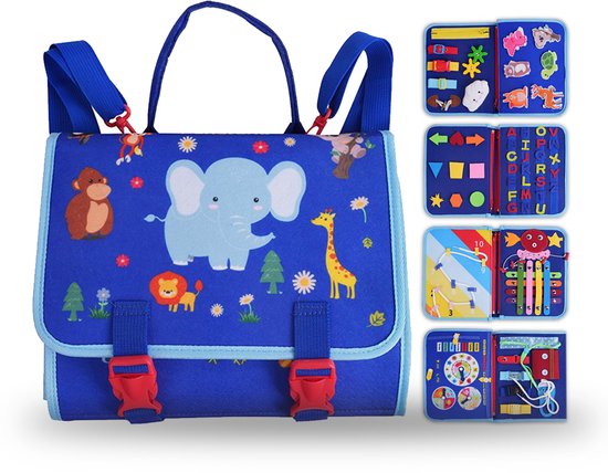 Kiddel Busy Board Safari - Montessori speelgoed - Activiteitenboek & Speelbord Rugtas - Educatief speelgoed 2 jaar - Olifant Dieren Thema van Merkloos
