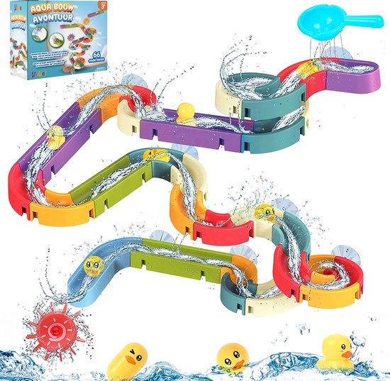 Kiddel XL Waterbaan & Glijbaan Set 66 stuks voor Bad, Douche & Badkamer watertafel vanaf 3 jaar - Inclusief Eendjes & Watermolens - Educatief Speelgoed montessori voor Kinderen 3 jaar 4 jaar bouwset van Kiddel