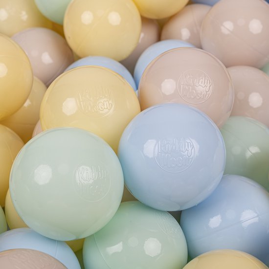 KiddyMoon 50 ballen/7cm kinderballen speelballen voor ballenbad baby éénkleurige plastic ballen made in eu, pastel beige/pastelblauw/pastelgeel/mint van KiddyMoon