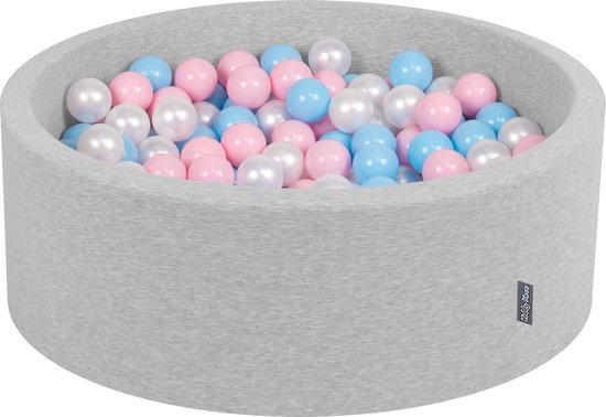 KiddyMoon Ballenbad Voor Baby's met 300 kleurrijke ballen ∅7cm 90x30cm - Ballenbak voor kinderen - Rond ballenbak foam - Schuimvulling - Voor sensorische - Lichtgrijs: Babyblauw, Roze, Parelmoer