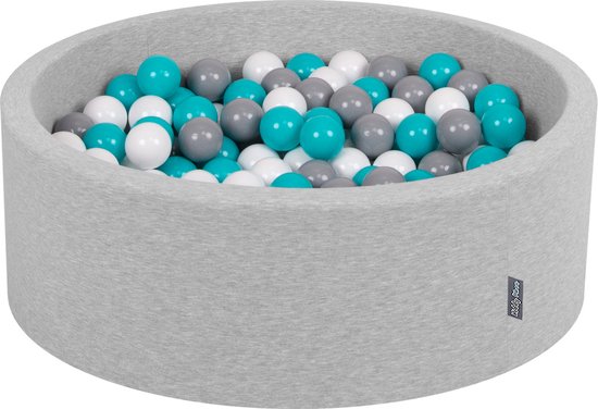 KiddyMoon Ballenbad Voor Baby's met 300 kleurrijke ballen ∅7cm 90x30cm - Ballenbak voor kinderen - Rond ballenbak foam - Schuimvulling - Voor sensorische - Lichtgrijs: Grijs, Wit, Turquoise