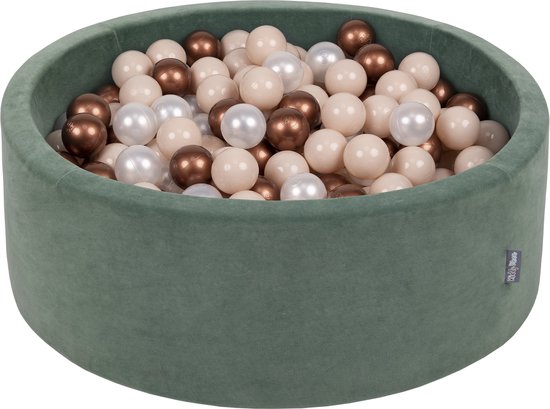 KiddyMoon rond ballenbad fluwelen ballenbad 90x30cm/200 ballen ∅ 7cm ballenbakken voor baby's speelbad peuters, made in the eu, forest green: pastel beige/koperrood/parelmoer van KiddyMoon