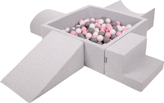 KiddyMoon Schuimspeelplaats met vierkant Ballenbad - ∅ 7cm 300 Ballen - Ballenbak Ballen Voor Baby's Foam - Speelplaats met Helling Halve Cilinder Wig en Trapjes - Ballenbak schuim voor kinderen - Lichtgrijs: Wit Grijs Poederroze van KiddyMoon