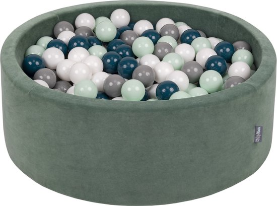 KiddyMoon Velvet Ballenbak voor kinderen 90x30cm Rond - Met 200 Ballen ∅ 7cm - Speelgoed - BPA-vrije ballenbakken - Ballenbad baby foam - Kunststof ballen - Bosgroen: Donkerturkoois Grijs Wit Munt van KiddyMoon