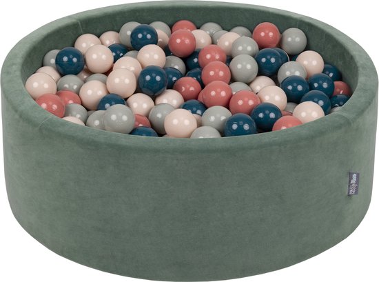 KiddyMoon Velvet Ballenbak voor kinderen 90x30cm Rond - Met 200 Ballen ∅ 7cm - Speelgoed - BPA-vrije ballenbakken - Ballenbad baby foam - Kunststof ballen - Bosgroen: Donkerturkoois Pastelbeige Groengrijs Zalmkleur van KiddyMoon