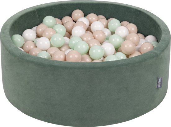 KiddyMoon Velvet Ballenbak voor kinderen 90x30cm Rond - Met 200 Ballen ∅ 7cm - Speelgoed - BPA-vrije ballenbakken - Ballenbad baby foam - Kunststof ballen - Bosgroen: Pastelbeige Wit Munt van KiddyMoon